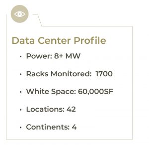 data center profile info: Power 8+MW, Racks Monitored: 1700, White Space 60,000SF, Locations 42, Continents 4