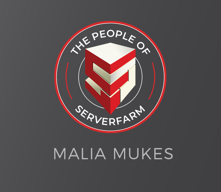 A logo design featuring a stylized server farm icon, with the text 'THE PEOPLE OF SERVERFARM' and the name 'MALIA MUKES' below.