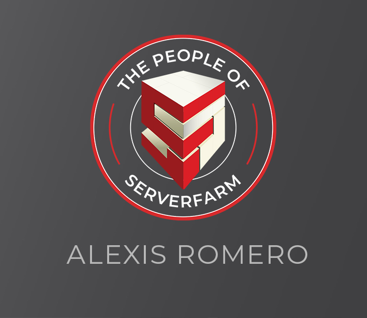 Logo design featuring a stylized server stack and text, highlighting 'The People of Serverfarm' and the name 'Alexis Romero'.