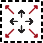 A minimalist design featuring arrows pointing in all directions, with black and red contrasting elements on a plain background.