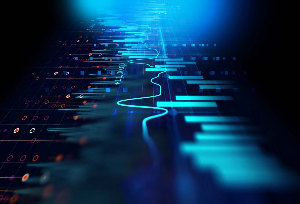 A digital abstract representation of sound waves and data, showcasing vibrant blue and teal colors against a dark background.