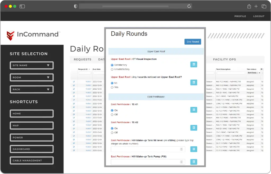 A digital interface displaying a 'Daily Rounds' feature with various requests and site selection options on the left.
