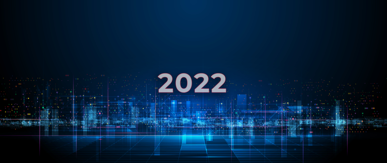 A futuristic digital landscape featuring the year 2022 in bold, set against a dark blue background with abstract light patterns.