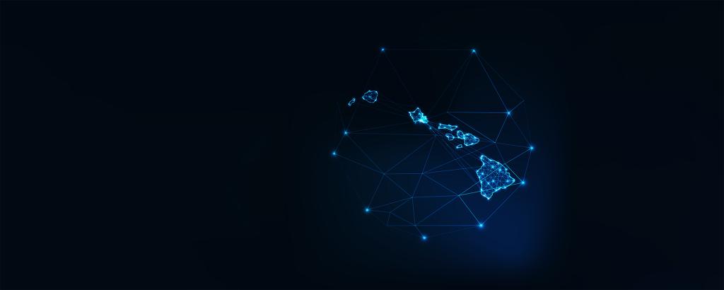A digital representation of the Hawaiian islands, illustrated with a network of interconnected lines and glowing points against a dark background.