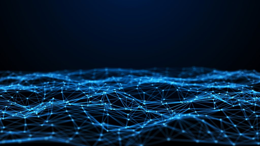 A digital landscape of blue glowing lines and nodes, representing a network or connection over a dark background.