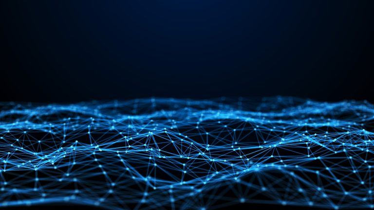 A digital landscape of blue glowing lines and nodes, representing a network or connection over a dark background.