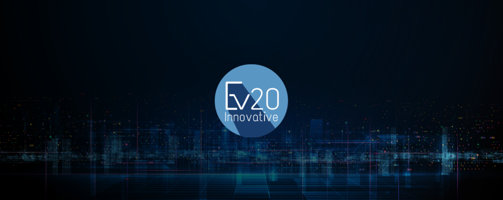 A digital background featuring blue tones, connected lines, and a central circular logo with the text "EV20 Innovative".