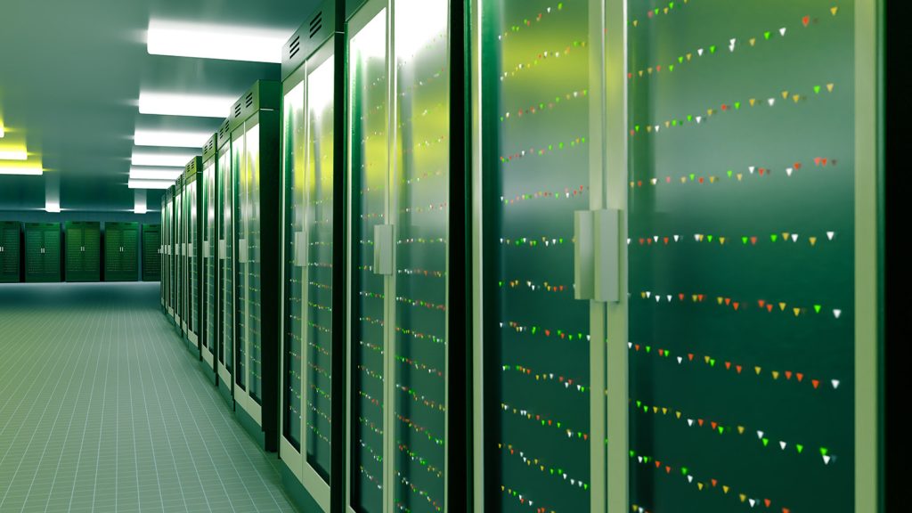 A corridor in a data center lined with high-density server racks displaying colorful LED lights, creating a modern technological atmosphere.