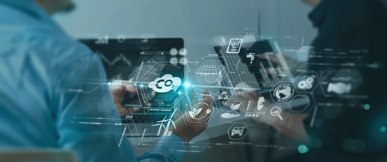 Two individuals engaged in a digital discussion, surrounded by virtual icons and data visualizations, emphasizing technology and collaboration.