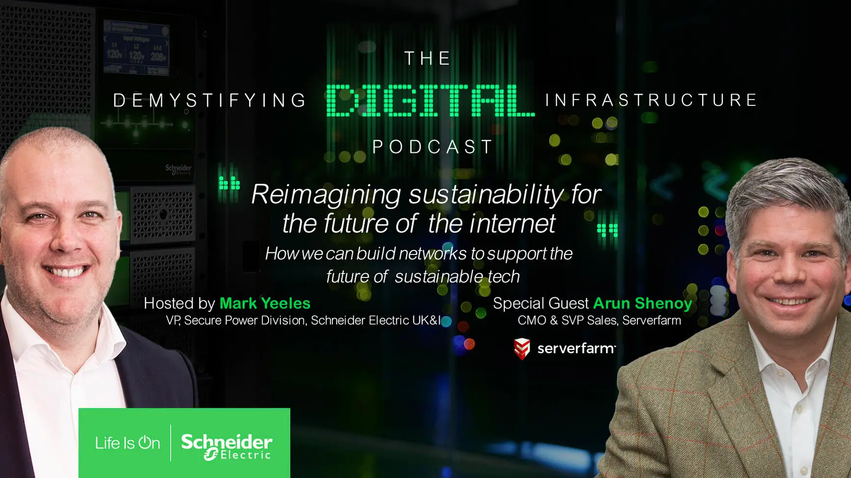 Podcast promotional image featuring hosts discussing sustainable internet infrastructure, with logos of Schneider Electric and Serverfarm.