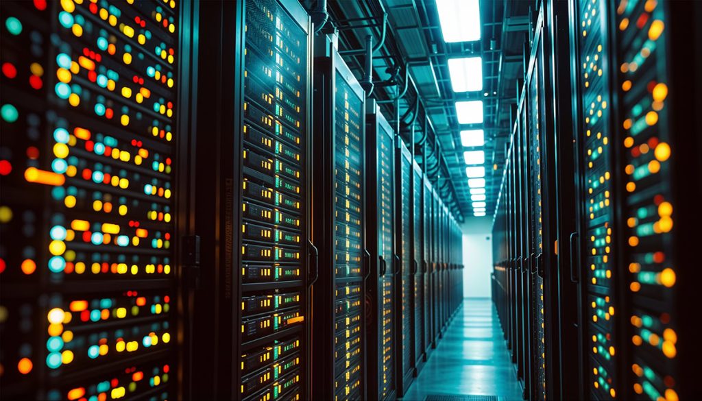 A corridor lined with server racks, illuminated by colorful LED lights and overhead fluorescent lighting, creating a technological ambiance.