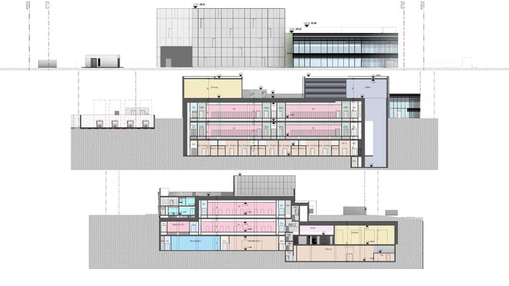 Architectural blueprint illustration with two sections displaying floor plans and building elevations labeled with various colors and dimensions.