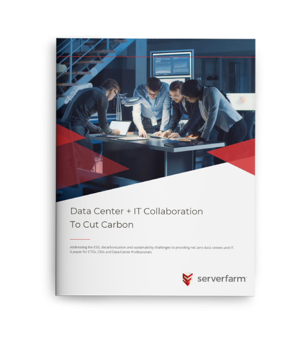 A group of professionals collaborating over a document titled 'Data Center + IT Collaboration To Cut Carbon' in a modern office setting.
