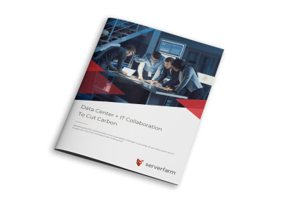 A printed report titled 'Data Center + IT Collaboration To Cut Carbon' lies on a surface, surrounded by engaged individuals discussing its contents.