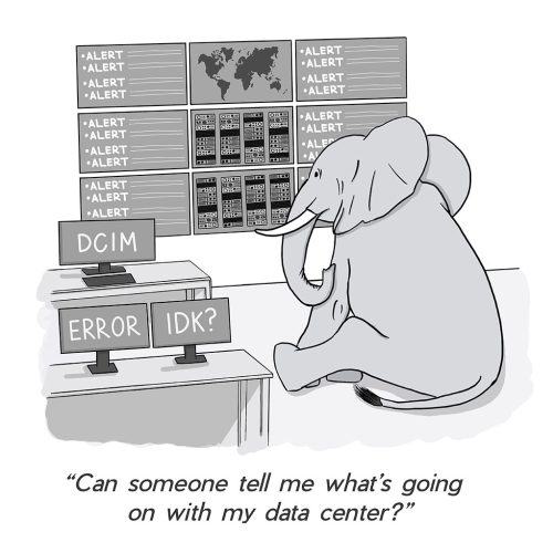 A cartoon elephant looks confused in front of a chaotic data center display, asking about issues with the data center.