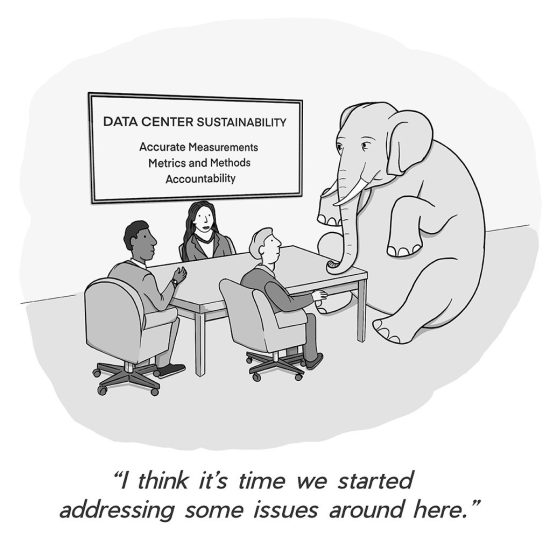 A cartoon of a meeting where an elephant represents an unaddressed issue, with participants discussing data center sustainability.