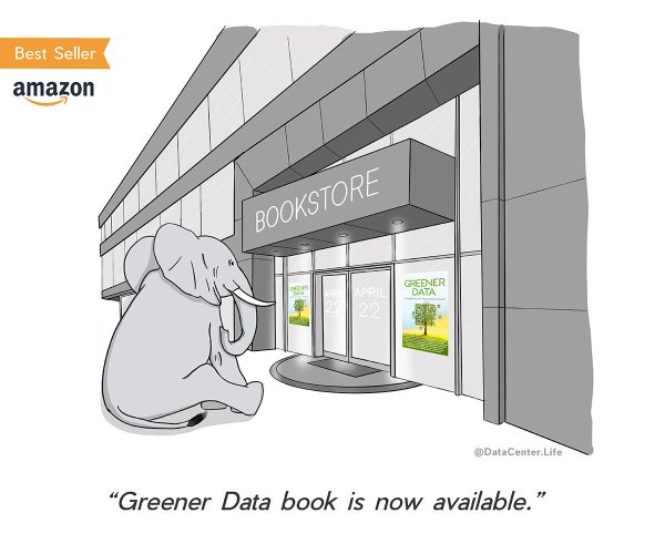 An elephant sits outside a bookstore, which advertises the availability of a book titled 'Greener Data,' marked as a bestseller.