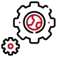 An abstract illustration of a planet with a soccer ball design, surrounded by small dots, in a red and black color scheme.