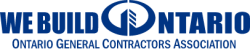 Logo of We Build Ontario, representing the Ontario General Contractors Association, featuring bold blue lettering and an emblem.