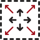 A minimalist design featuring arrows pointing in all directions, with black and red contrasting elements on a plain background.