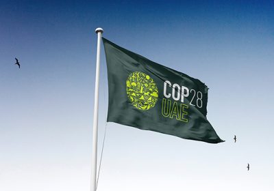 A flag displaying the COP28 logo and the UAE designation, set against a clear blue sky with flying birds.
