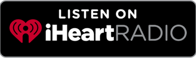 A promotional button inviting listeners to access content on iHeartRadio with a heart logo and bold text.